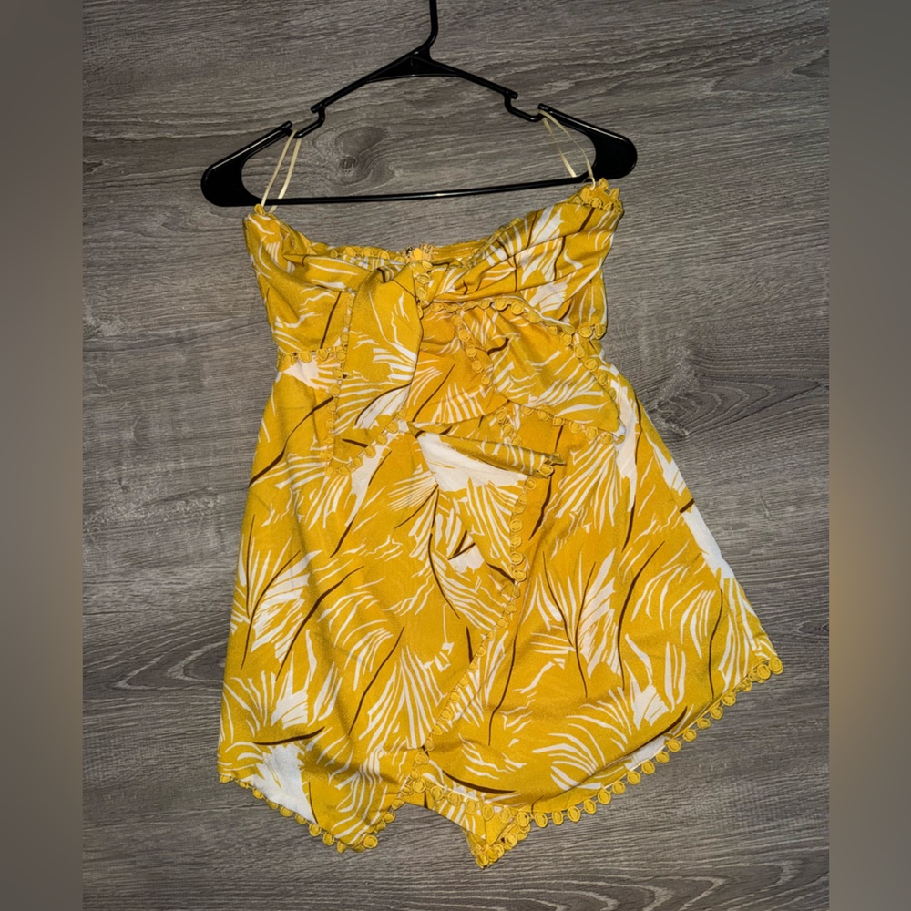 Luxxel Mustard and White Leaf Print Romper
